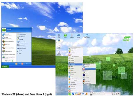 A side-by-side comparison of Microsoft Windows XP and SUSE Linux 9
