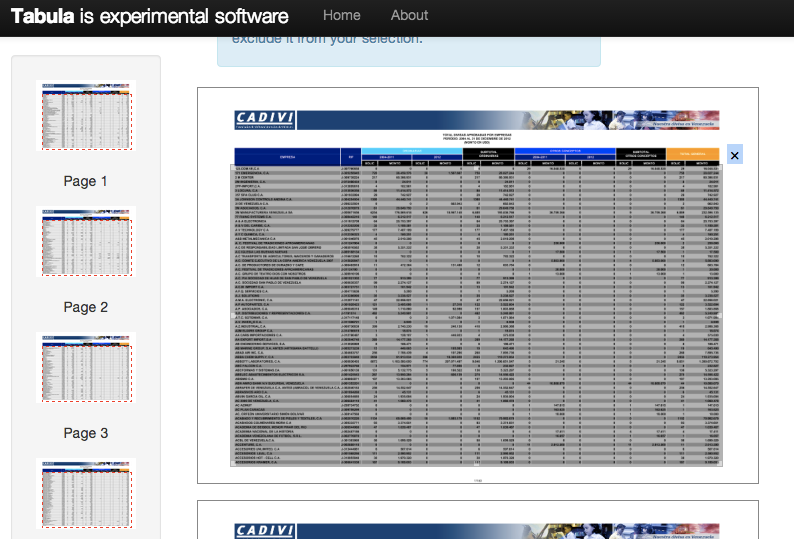 Screenshot of Tabula extracting data from PDF